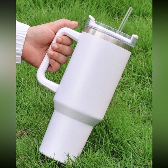Tumbler White Stainless Steel 40 Oz with Straw Handle Travel Cup Hot Cold Water - Picture 2 of 8
